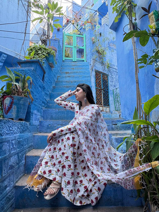 Hand block cotton suit with kota doria dupatta in Anarkali style
