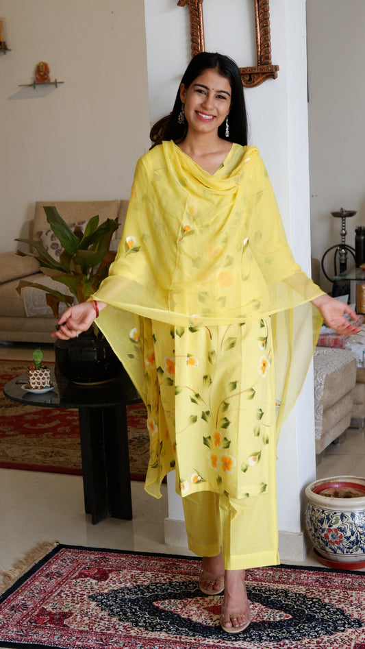 Cotton Hand Painted lemon yellow Straight Suit Set with Pure Chiffon Dupatta