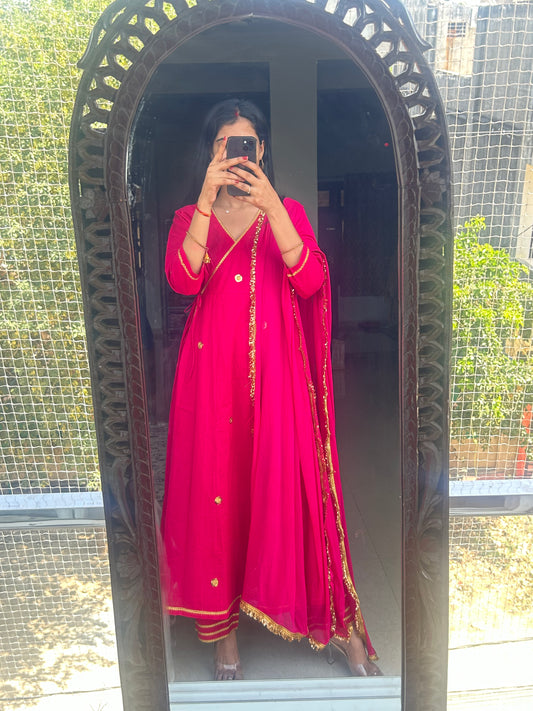 golden Work on Pure Cotton angrakha anarkali Suit Set with pure chiffon