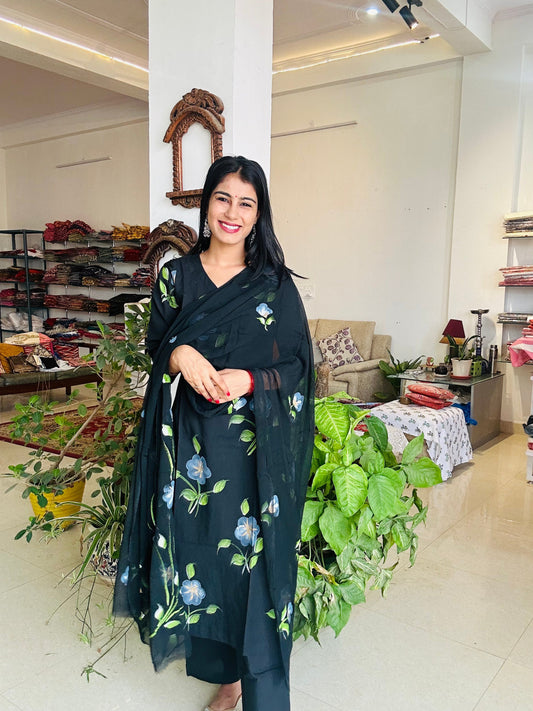 Hand Painted Black Color Straight Suit Set with Pure Chiffon Dupatta