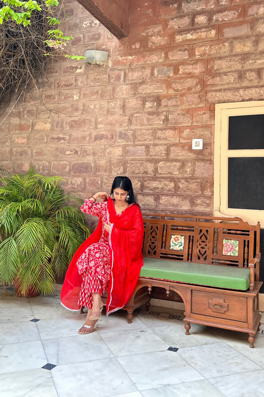 Cotton Red Straight Suit Set with Pure Chiffon Dupatta