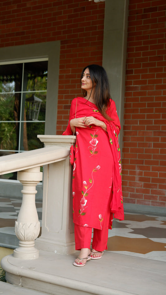 Hand Painted Red Straight Suit Set with Pure Chiffon Dupatta