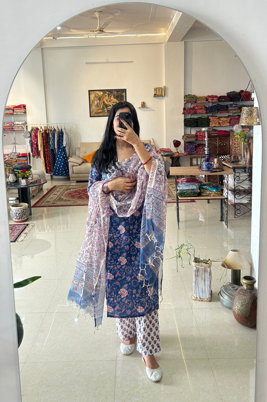 Hand Printed Blue & White Cotton Straight Suit Set with Kota Doriya Dupatta