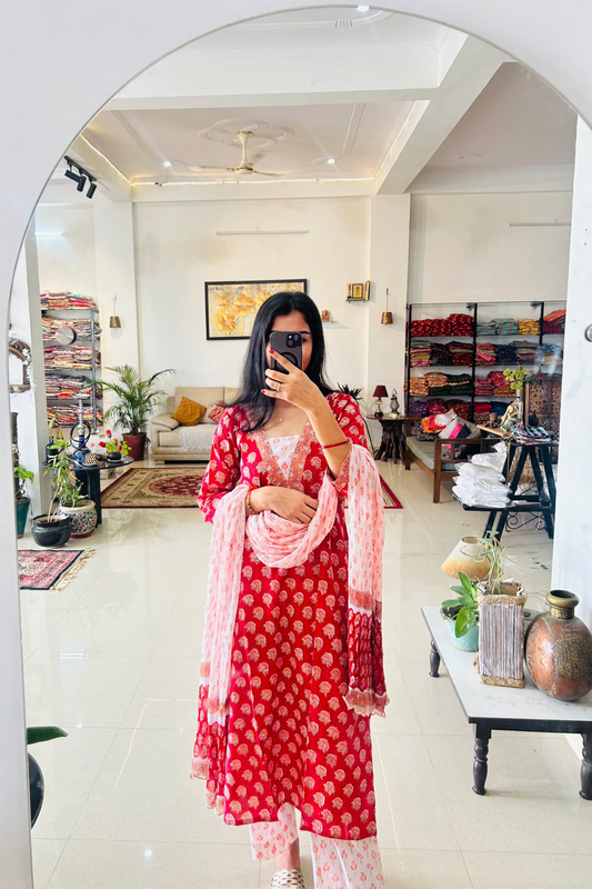 Cotton Red Straight Suit Set with Pure Chiffon Dupatta