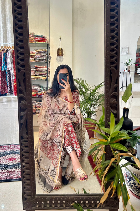 Hand Printed Cotton Brown Straight Suit Set with Kota Doria Dupatta