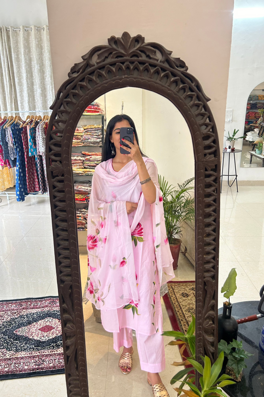 Hand Painted Cotton Rose Pink Straight Suit Set with Pure Chiffon Dupatta