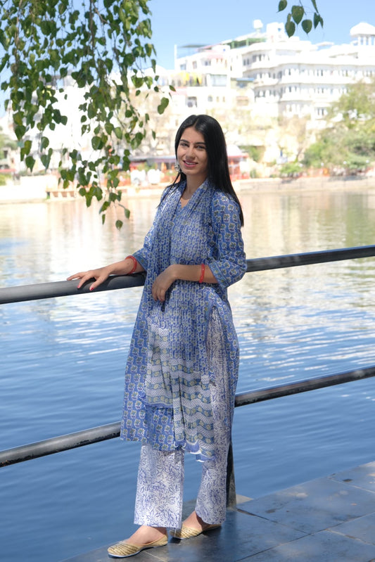Cotton blue Straight Suit Set with Pure Chiffon Dupatta